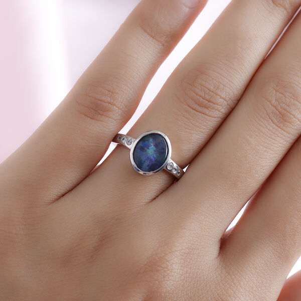 Boulder Opal Triplett und wei&szlig;er Zirkon-Ring, 925 Silber platiniert  ca. 1,86 ct image number 3