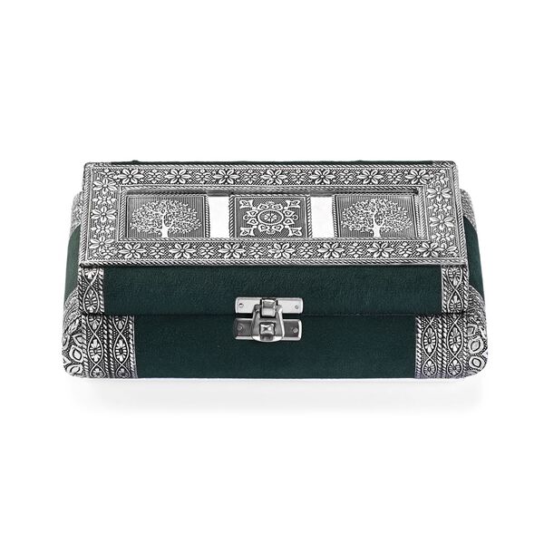 Handgefertigte Schmuckbox mit Lebensbaum-Prägung, oxidiertes Finish, 20x13x7 cm, Silber-Grün image number 2