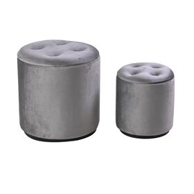 2er-Set Samt-Holz-Akzenthocker mit Knopfpolsterung, 45x45x47cm und 32x36cm, Grau