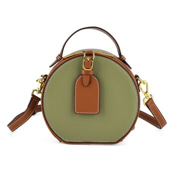 lifestyle-Color:Olive with Tan ;size/Profile:  Crossbody bag:wall(exterior);Genuine Leather. Lining(interior):polyester  Pockets(exterior):zipped-1;Pockets(interior):pocket-1                                   Measurement:11*8*16CM