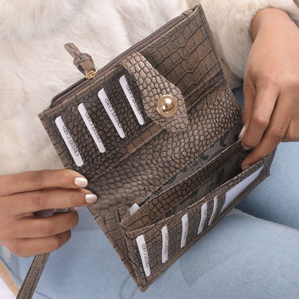 Echtleder Portemonnaie mit Krokoprägung, 18,5x1,5x9,5 cm, taupe image number 4