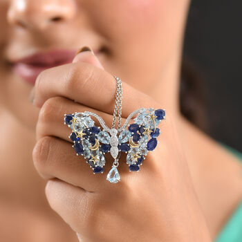 GP Trionfo Kollektion Himmelblauer Topas, Masoala Saphir (Fissure gef&uuml;llt) Anh&auml;nger mit kette ca. 50 cm, 925 Silber Rhodiniert und 750 Gelbgold Vermeil ca. 19.62 ct