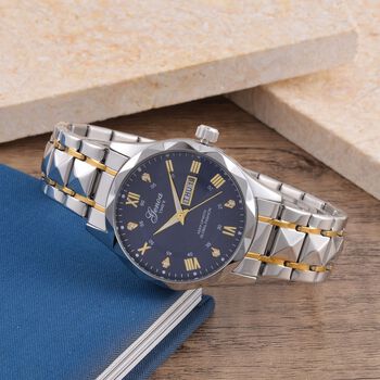 GENOA Kristall Quarzuhr, Blaues Zifferblatt, Edelstahlarmband, Bicolor