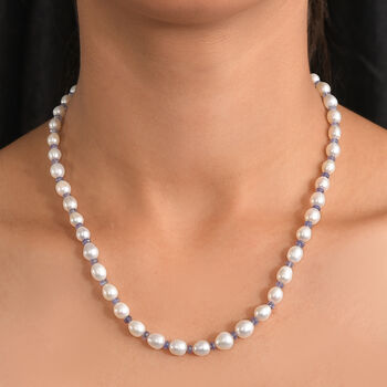 AA Wei&szlig;e S&uuml;&szlig;wasser Perle, Tansanit Halskette ca. 45 cm+ 5cm extender, 925 Silber rhodiniert