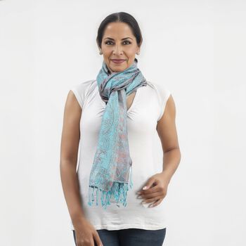 Premium Kollektion - gewebter Schal, 100% Natur Seide, Jamawar Design, 68x190 cm, Himmelblau