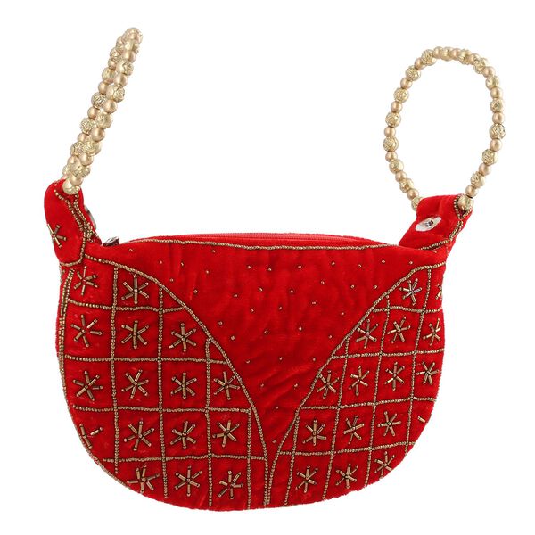 Handgefertigte Gl&uuml;ckskekstasche aus Samtbrokat mit Perlen, rot image number 3