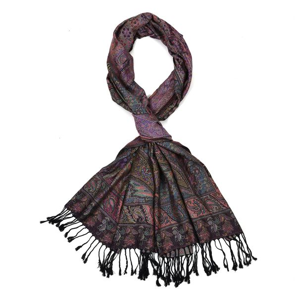 Schal mit Quasten und Boho-muster, 70x180 cm, Schwarz und lila