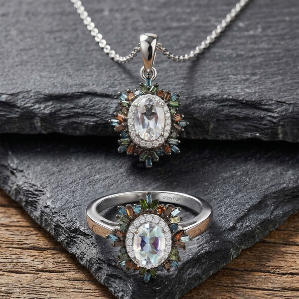 D'Joy AAA Premium Malagasy Mondstein und mehrfarbiger Diamant Ring und Anh&auml;nger mit 50cm Kette image number 1