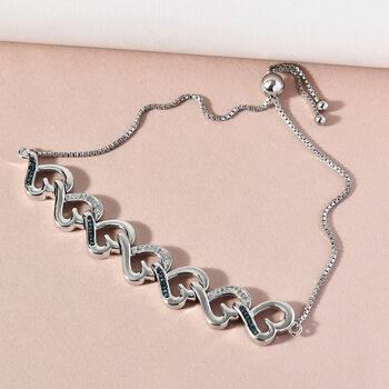 Verstellbares, blaues und wei&szlig;es Diamant-Herz-Armband in Silber