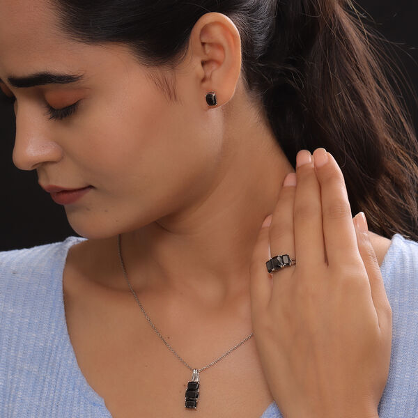 3er-Set Elite Shungit 3 Stein Ring, Ohrstecker und Anh&auml;nger 925 Silber platiniert ca. 5,71 ct image number 2