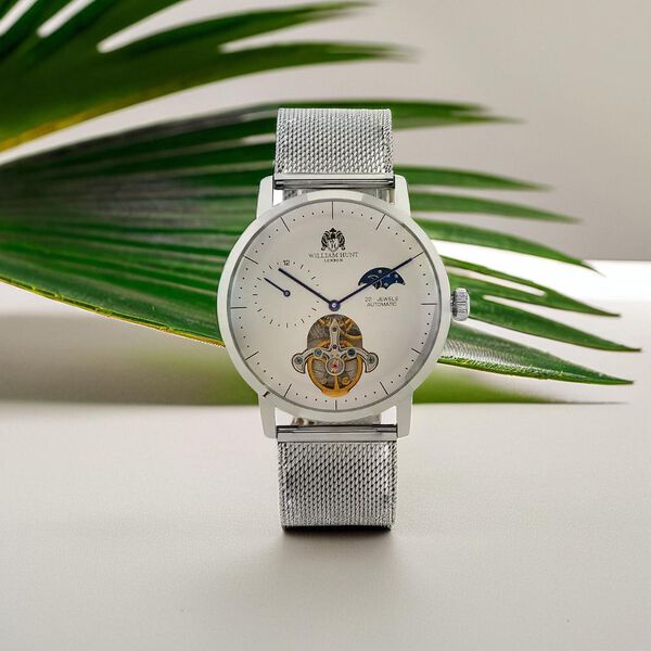 William Hunt Automatik-Uhr - IP-schwarzbeschichtetes Edelstahlgeh&auml;use, wei&szlig;es Multifunktionszifferblatt mit gew&ouml;lbtem Glas, Edelstahl-Mesh-Armband, Glasboden, 5 ATM wasserdicht, Reiner Edelstahl image number 1