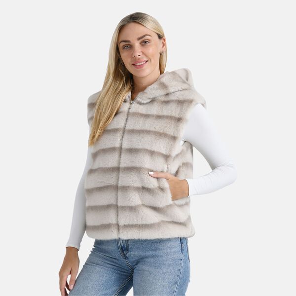 Weste mit Kapuze aus Webpelz, Einheitsgröße, Beige image number 3