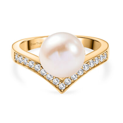 EVER TRUE S&uuml;&szlig;wasser Perle (9-9.5 mm), Wei&szlig;er Zirkon Ring Nickelfreies Messing, goldfarben (Gr&ouml;&szlig;e 18.00)