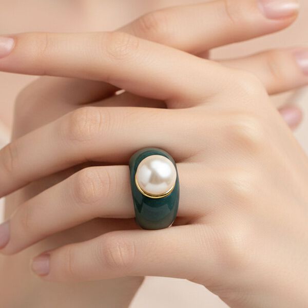 D'Joy nat&uuml;rlicher Olmek Jadeit und wei&szlig;er Edison Perle Ring image number 3