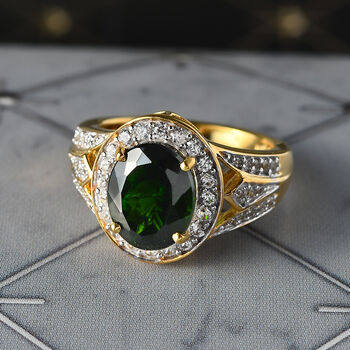 Nat&uuml;rlicher Chromdiopsid und wei&szlig;er Zirkon-Ring, 925 Silber Gelbgold Vermeil  ca. 3,35 ct