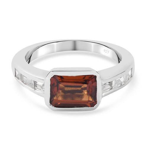 Hessonit Granat und Zirkon Solitär Ring 925 Silber Platin-Überzug image number 0