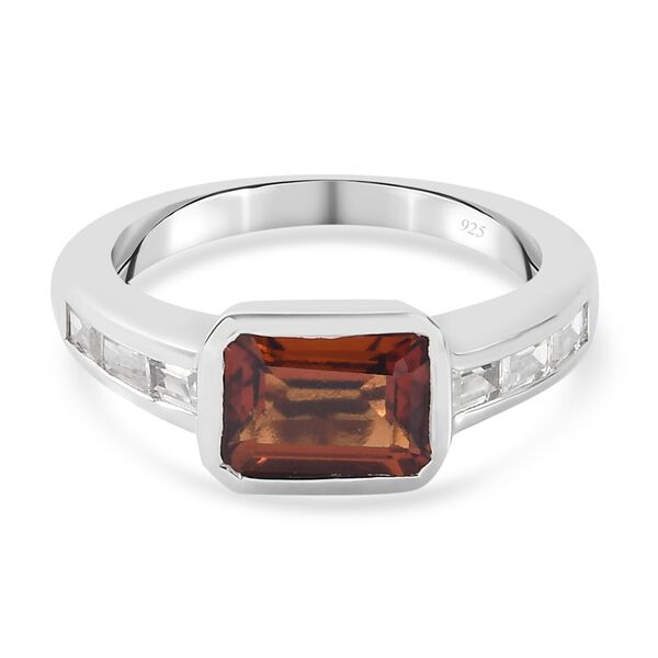 Hessonit Granat und Zirkon Solit&auml;r Ring 925 Silber Platin-&Uuml;berzug