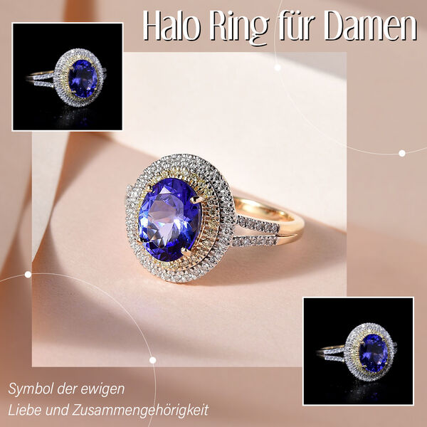 AAA Tansanit, nat&uuml;rlicher gelber und wei&szlig;er Diamant-Halo-Ring - 2,59 ct. image number 2
