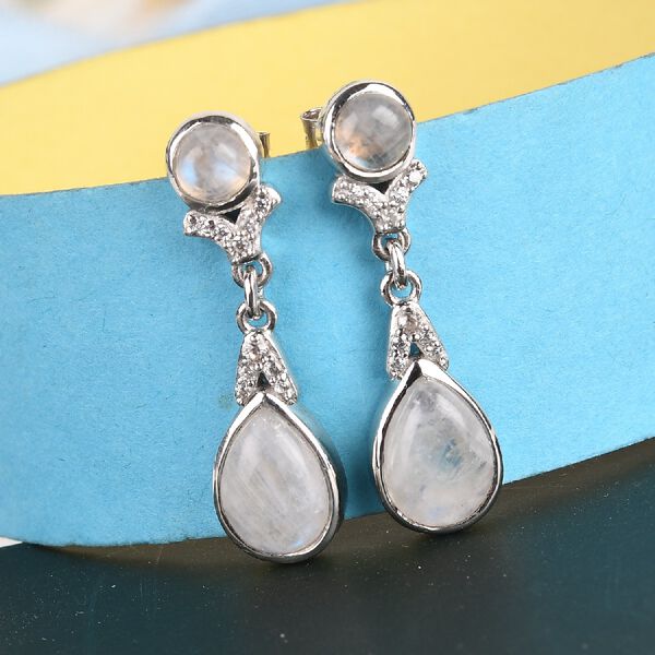 Regenbogen Mondstein Tropfen Ohrhänger 925 Silber Platin-Überzug ca. 5,63 ct  image number 2