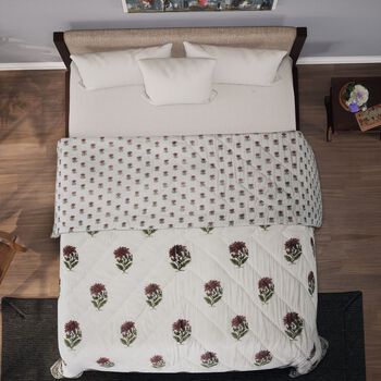 Baumwoll-Voile-Steppdecke mit Blockdruck, inklusive Stofftasche, Oliv