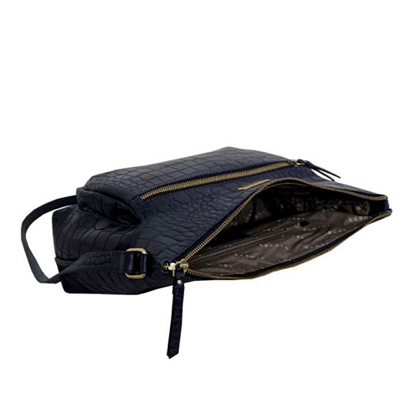 Assots London OLGA 100% echtes Leder Kroko-geprägte Crossbody Tasche mit Reißverschluss und verstellbarem Riemen, Größe: 30x9,5x26 cm, Dunkelblau image number 3