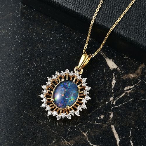 D’joy Boulder Opal Triplette, Weißer Zirkon Schmuckset 925 Silber 750 Gelbgold Vermeil ca. 2,94 ct. image number 1