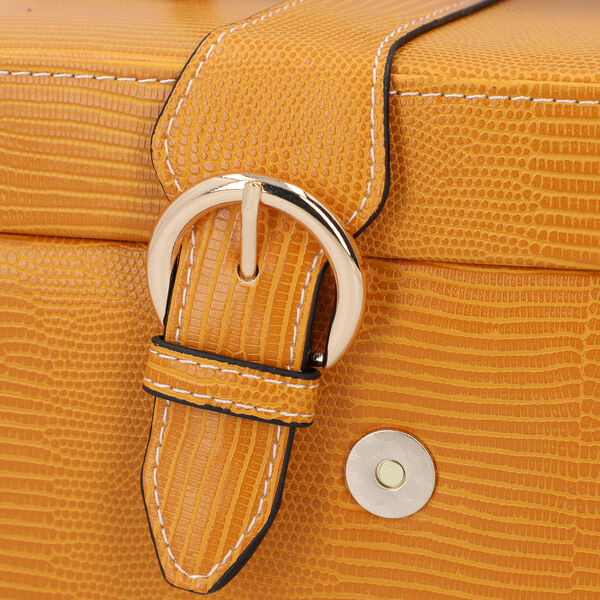 3-Etagen Schmuckkasten mit Eidechsenhaut-Muster, Innenspiegel und Knopfverschluss (22x16x14cm), Senfgelb image number 3