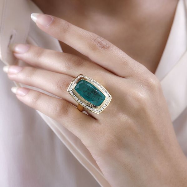 Smaragd-Quarz-Triplette, wei&szlig;er Zirkon Ring, 925 Silber Gelbgold Vermeil (Gr&ouml;&szlig;e 17.00) ca. 16.82 ct image number 3