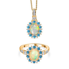 AA äthiopischer Welo Opal Neon Apatit und Moissanit Ring und Anhänger mit 50cm Kette