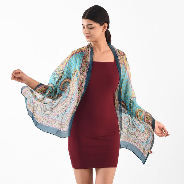 100% Seidenschal, bedruckt mit Paisleymuster, 50x160cm, Marineblau image number 2