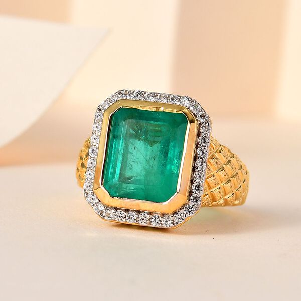 Smaragd-Quarz-Triplette, Wei&szlig;er Zirkon Ring, 925 Silber Gelbgold Vermeil, (Gr&ouml;&szlig;e 17.00) ca. 7.47 ct image number 2