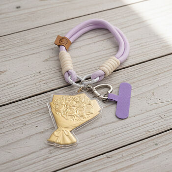 999er Gold Schl&uuml;sselanh&auml;nger im F&auml;cher Design mit Rosenbouquet, Lila Kordel