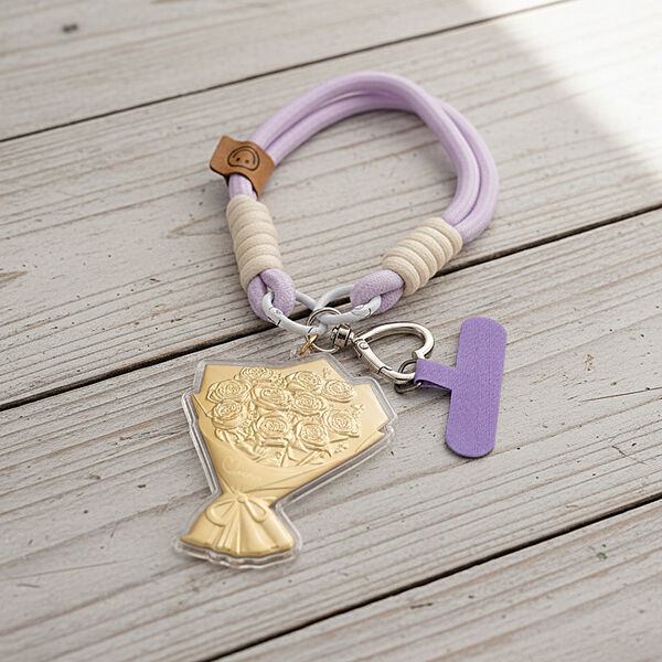999er Gold Schl&uuml;sselanh&auml;nger im F&auml;cher Design mit Rosenbouquet, Lila Kordel image number 2