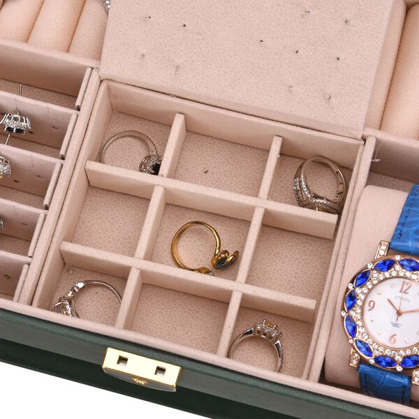 3-lagige Schmuckbox aus PU mit Diamantmuster und 5 Silberputztüchern, Grün image number 7