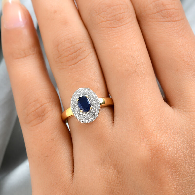 Blauer Saphir und Zirkon-Halo-Ring, 925 Silber vergoldet, 1,10 ct. image number 0