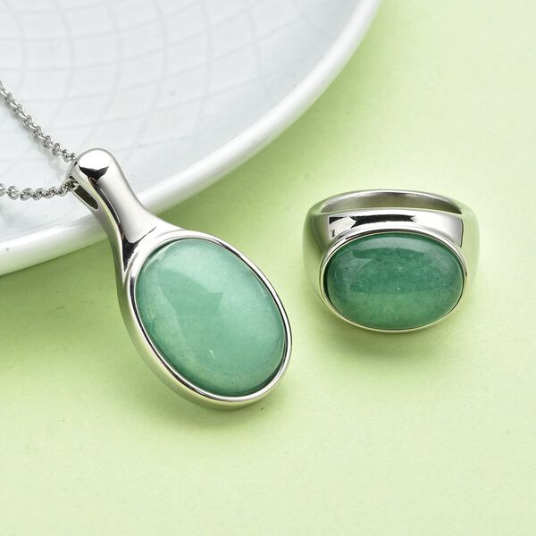 2er-set Gr&uuml;ner Aventurin Ring und Anh&auml;nger mit Kette ca. 50 cm, Edelstahl, ca. 27,00 ct image number 2