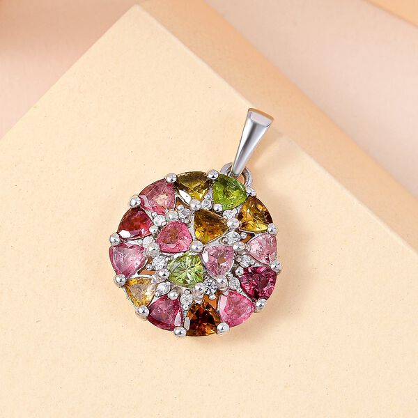 Natürlicher mehrfarbiger Turmalin und Weißer Zirkon Anhänger, 925 Silber platiniert ca. 2.48 ct image number 3