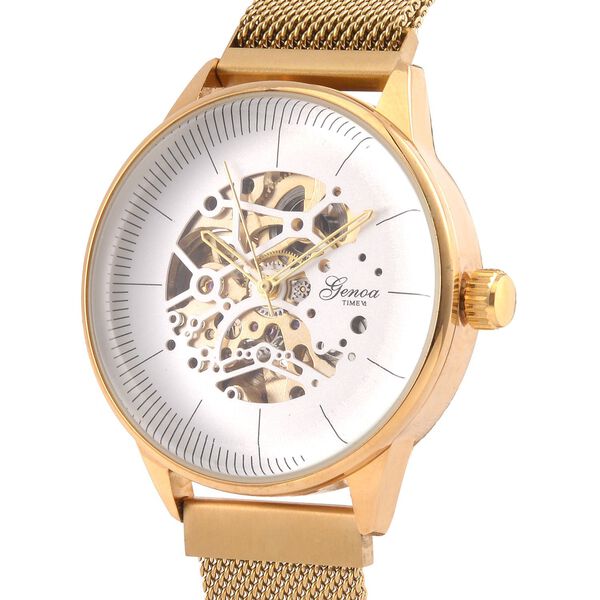 GENOA Automatik-Uhr, Wei&szlig;es ausgeh&ouml;hltes Sonnenstrahl-Zifferblatt, goldfarbenes Geh&auml;use & goldfarbenes 316L Edelstahl armband, 10.25 cm image number 3