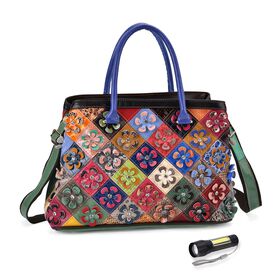 Chaos by Elsie Crossbody-Tasche aus echtem Leder, Multicolor mit gewebtem Muster, RFID-Schutz und Mini-Taschenlampe, 37x14,5x25 cm