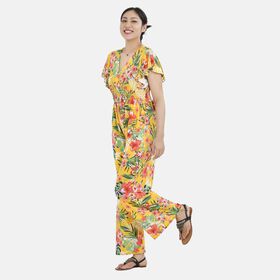 Jumpsuit mit gesmokter Taille und Flatter&auml;rmel, gelbes Blumenmuster