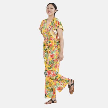 Jumpsuit mit gesmokter Taille und Flatter&auml;rmel, gelbes Blumenmuster