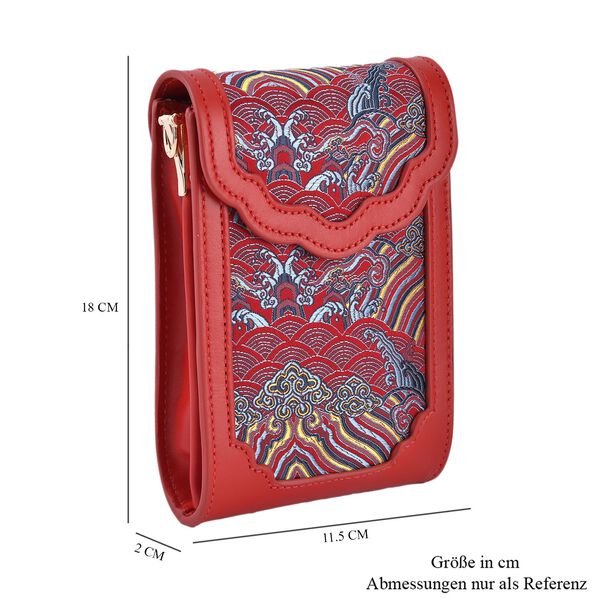 Luxury Edition: Seidenbrokat Handytasche aus echtem Leder und Satin Geschenkbox, RFID, Landschaft Rot image number 6