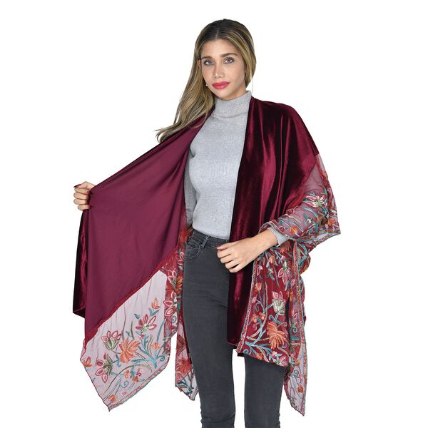 TAMSY Kimono aus Samt mit Blumenstickerei, Einheitsgr&ouml;&szlig;e Burgunderrot image number 4