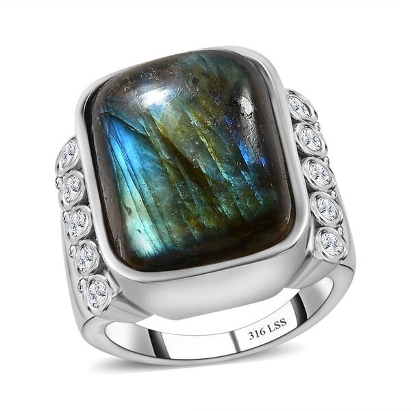 Labradorit, Wei&szlig;er Zirkon Ring, Edelstahl (Gr&ouml;&szlig;e 21.00) ca. 14.70 ct image number 4