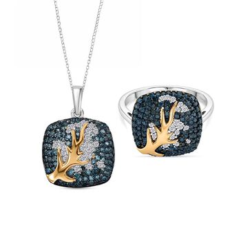 D'Joy blauer und wei&szlig;er Diamant zweifarbiger Ring und Anh&auml;nger mit 50cm Kette