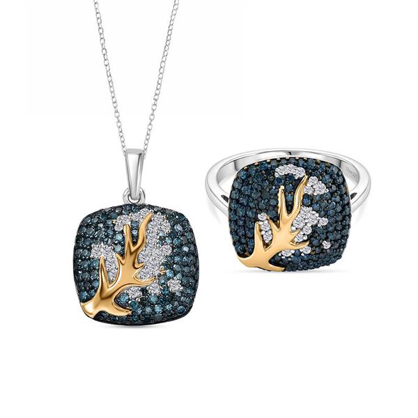 D'Joy blauer und wei&szlig;er Diamant zweifarbiger Ring und Anh&auml;nger mit 50cm Kette