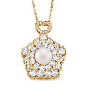 Weiße Süßwasser Perle, Weißer Zirkonia Schmuckset ca. 50 cm Nickelfreies Messing, Reines Kupfer vergoldet 14.80 ct