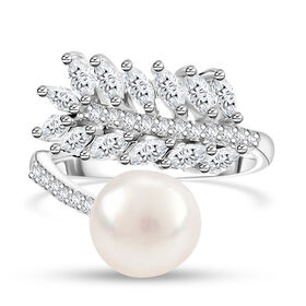 Weiße Süßwasser Perle, Weißer Zirkonia Ring Nickelfreies Messing, Flexibles (Größe 17.00-19.00)