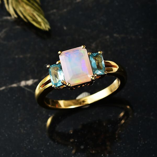 D'Joy AA Nat&uuml;rlicher, &auml;thiopischer Welo Opal, Paraiba-Blau-Apatit Ring 925 Silber vergoldet (Gr&ouml;&szlig;e 17.00) ca. 1.53 ct image number 2