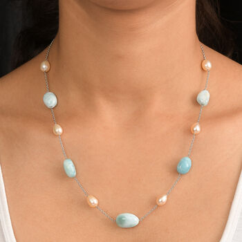 Larimar und S&uuml;&szlig;wasserperle Halskette, 50cm